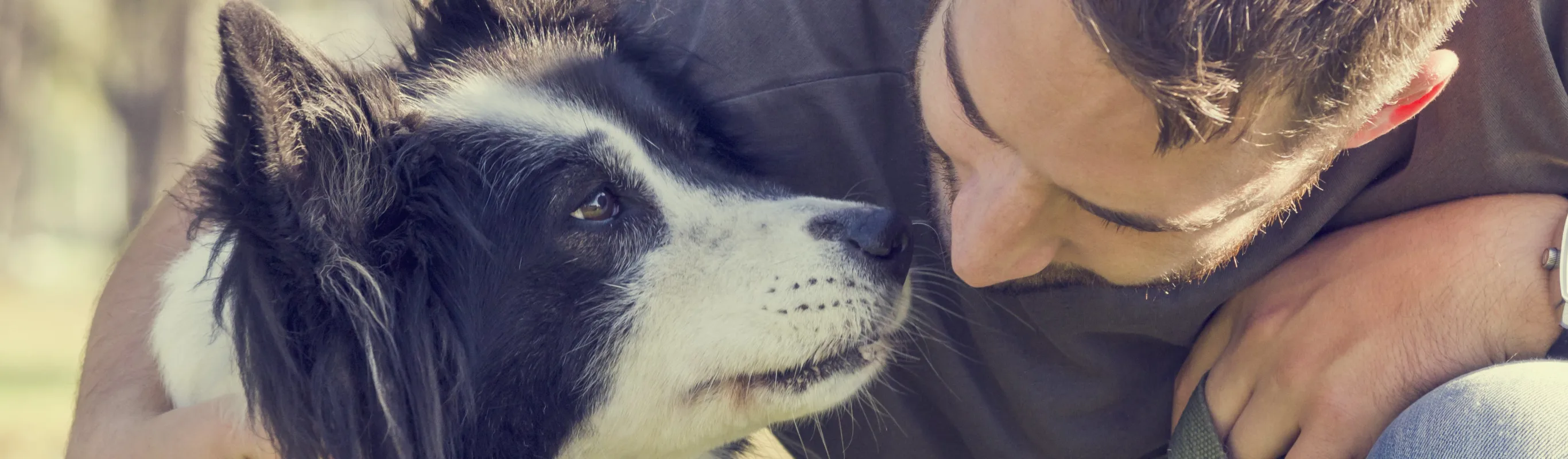 A man kneeling and hugging a black and white dog outside